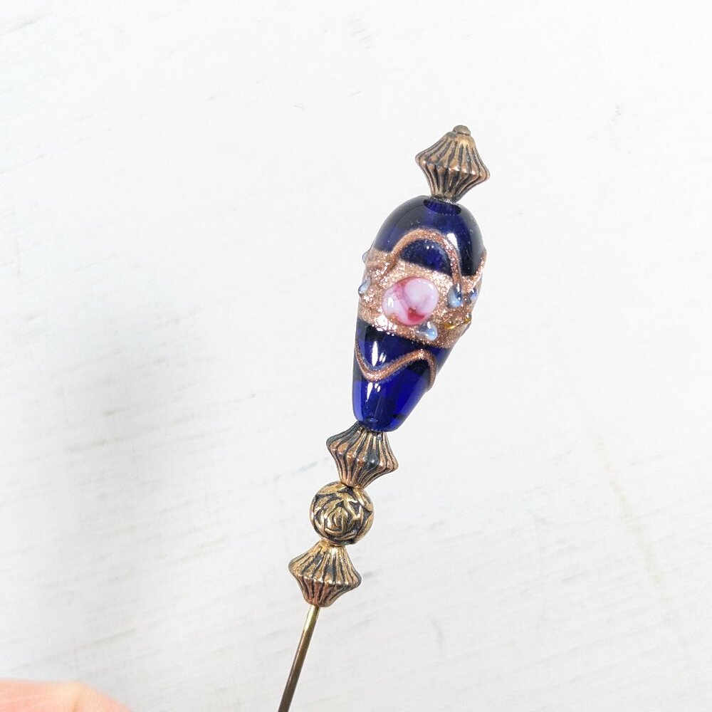 Vintage lampwork hat pin, blue pink gold glass hatpin